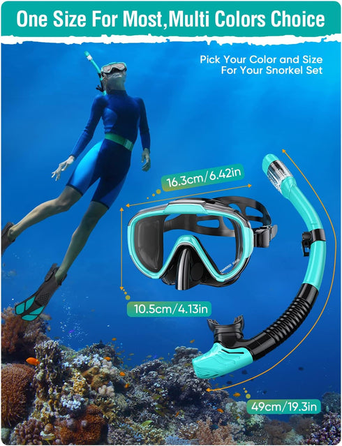 Snorkel Set for Adults, Anti-Fog Panoramic Swim Mask, Dry Top Snorkel Kit with Carry Bag for Scuba Diving Travel