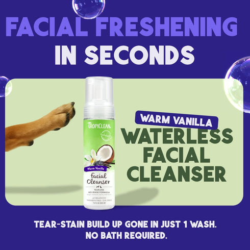 7.4 oz. TropiClean Warm Vanilla Waterless Facial Cleanser for Dogs | Dog Foam Face Wash | Dog Face Wash Derived from