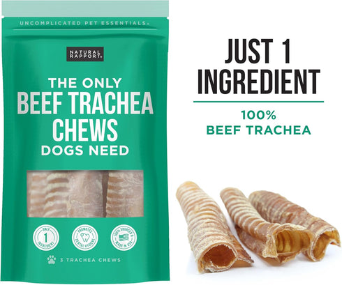 Natural Rapport Beef Trachea Dog Treats - All Natural Chews for Small and Large Dogs, 3 Chews