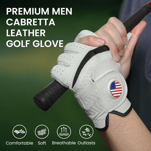 2 Pack, Amy Sport Golf Gloves Men Cabretta Leather with Ball Marker Value Non Slip All Weather Grip for Left Hand Right
