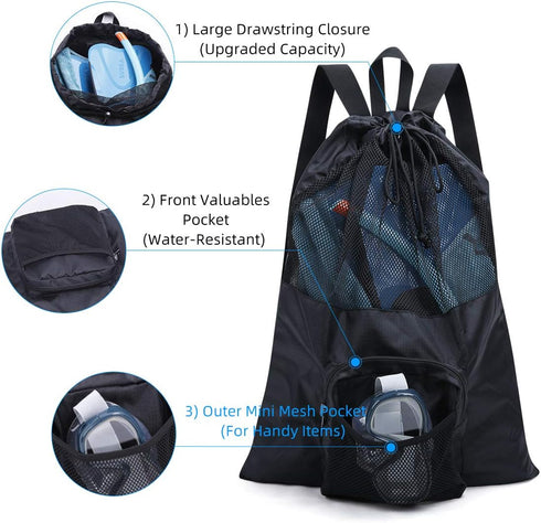 Packable Mesh Swim Bag, Lightweight Drawstring Backpack with 35L Capacity & Vented Design for Swimming Gear