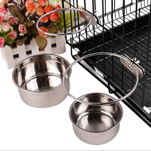 Stainless Steel Coop Cups with Clamp Holder for Dogs - Hanging Bowl, Metal Food Water Feeder for Small Animals