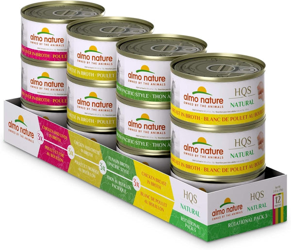 Almo Nature HQS Natural Wet Cat Food Variety Pack, 2.47 oz, Pack of 12: (3) Chicken & Liver, (3) Chicken & Cheese, (3)