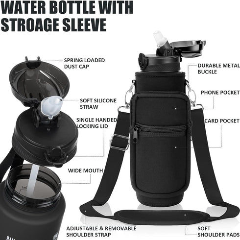 Fimibuke 32 oz 1L Water Bottle with Sleeve - BPA Free Leakproof Sport Large Plastic Motivational Water Bottle