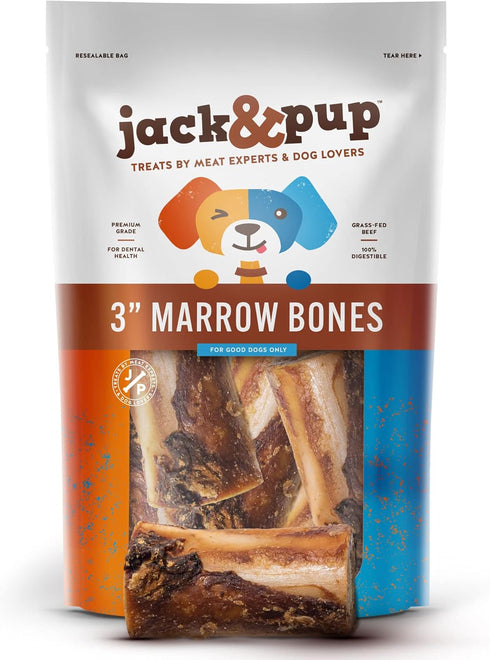 Jack&Pup Beef Marrow Bones for Dogs (6 Pack), 3" Long Lasting Dog