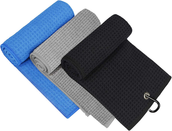 Golf Towel, 3 Pack Microfiber Golf Towels (16"x16") with Carabiner Clip, Tri-fold Waffle Pattern, Blue, Black, Gray