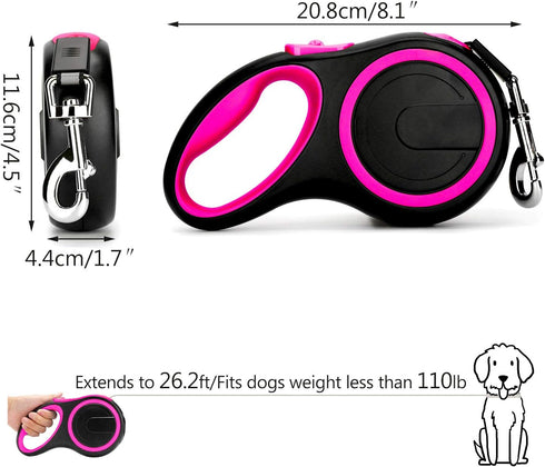 Segarty 26ft Retractable Dog Leash, Heavy Duty Nylon Tape for Medium Large Dogs Up to 110Lbs, Pink