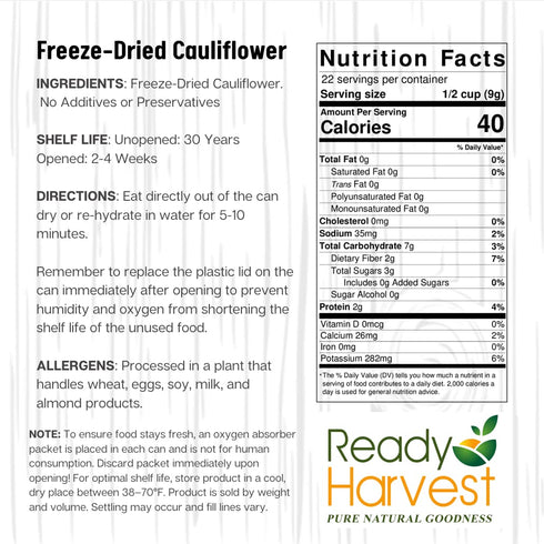 #10 25-Year Ready Harvest Freeze Dried Food - Cauliflower | Emergency Food | Camping & Storage | Can | Shelf Life |