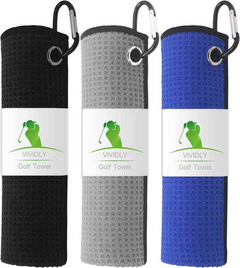 VIVIDLY 3 Pack Microfiber Golf Towels, Waffle Pattern in Black, Blue, Gray - Ideal Men's Golf Gifts