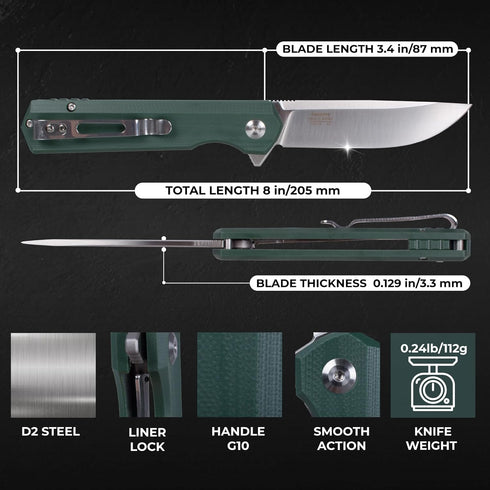 Firebird GANZO FH11 Folding Knife, D2 Steel Blade, Anti-slip G10 Handle with Clip for Outdoor