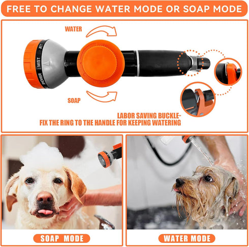 Pup Jet Dog Wash - 10 Sprayer Pattern Hose Attachment for Outdoor Dog Bathing with Soap Dispenser