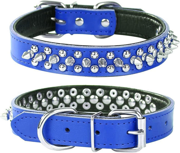 Spiked Studded Dog Collar, Genuine Leather, Adjustable for Small or Medium Pets, L, Dark Blue-2