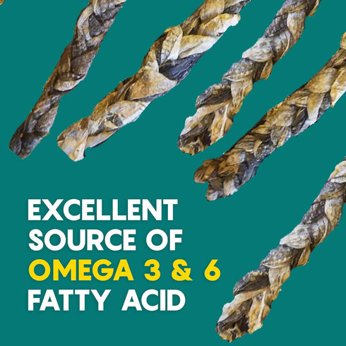 Ocean Tides Braided Icelandic Atlantic Cod Fish Skin Treats for Dogs and Cats - Dried Lean Crunch Sticks Chews