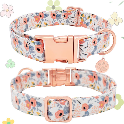 Soft Cotton Dog Collar, Adjustable with Metal Buckle, Orange Floral Pendant for Small Medium Large Dogs (Large)