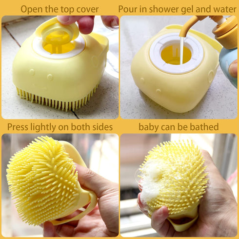 Dog Bathing Brush, Pet Massage Shampoo Dispenser, Soft Silicone Rubber Bristle for Dogs and Cats Grooming (Yellow)