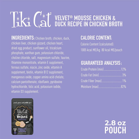 Tiki Cat After Dark Velvet Mousse, Chicken & Duck Recipe in Chicken Broth, 2.8 oz. Pouch (Pack of 12)