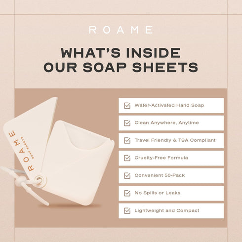 50-Pack ROAME Portable Soap Sheets Ultra-Thin Soap for Hand Moisture & Hygiene Water-Activated, Compact, Cruelty-Free