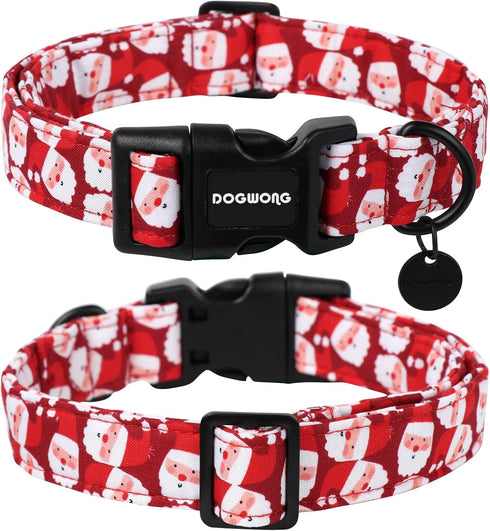 DOGWONG Christmas Cotton Dog Collar, Red Santa Claus Dog Collar Durable Holiday Pet Dog Collar Cute Puppy Necklace for Small Medium Large Dog