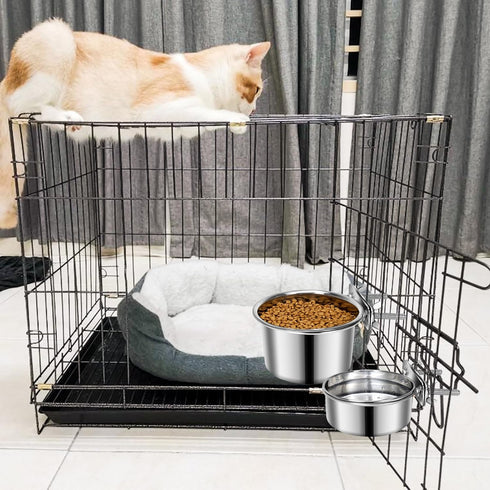Pet Dog Food Water Bowl for Cage, Stainless Steel Non-Spill Hanging Bowls with Clamp Holder for Small Medium Large Dogs