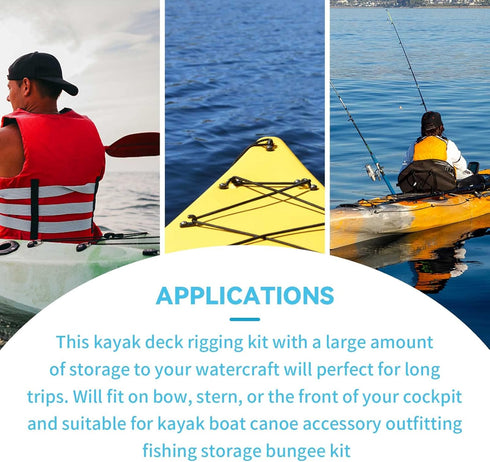 Kayak Deck Rigging Kit - 8 Feet Bungee Cord with Hooks, Tie Down Pad Eye, and 6 J-Hooks for Canoe Accessory