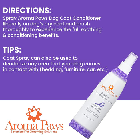 Dog Coat Conditioning Spray - Pet-Friendly Detangler with Natural Essential Oils for Dogs - Lavender Chamomile 4.5 oz.
