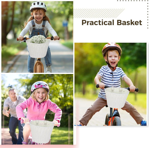 Kids Bike Basket with Adjustable PU Belts, Handmade Woven Rattan Front Handle Basket