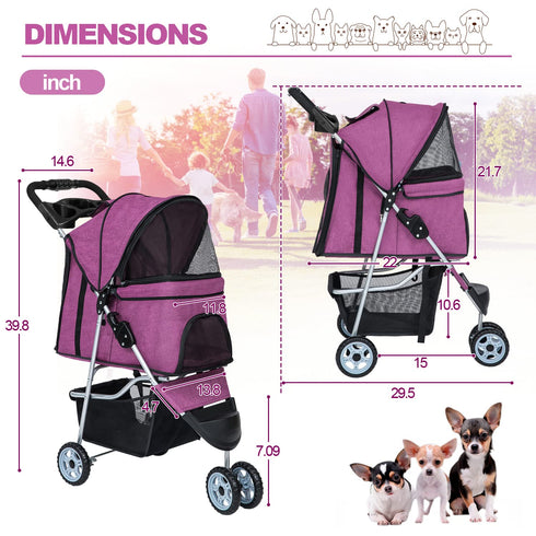 3Wheels BestPet Pet Dog Stroller for Folding Lightweight Cat Travel Stroller with Cup Holder,Purple