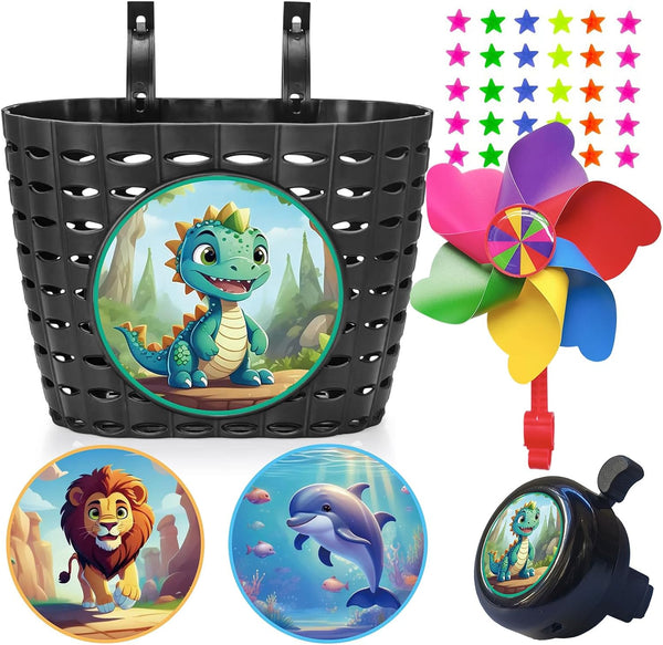 Kids Bike Basket, Children Bicycle Handlebar Basket with Stickers, Bike Bell, Windmill, and Wheel Beads