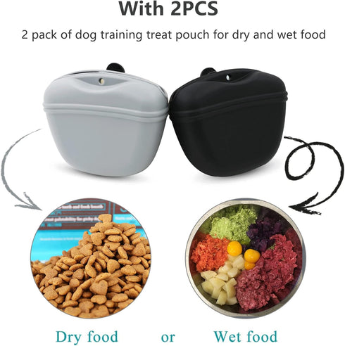 Dog Treat Pouch 2 pack, Dog Treat Training Pouch, Silicone Pet Treat Bag BPA Free/Clip/Magnetic Dog Walk (grey & black)