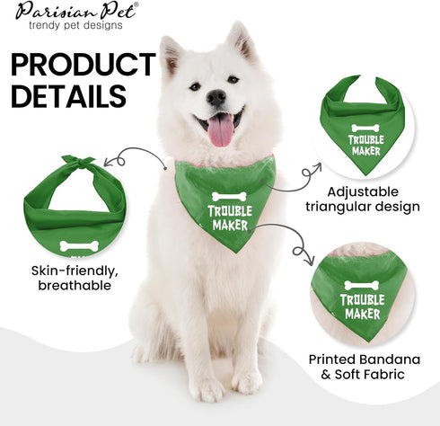 Parisian Pet Unisex Dog Bandanas with 'Trouble Maker' Print - Adjustable Polyester Scarf for Large Dogs