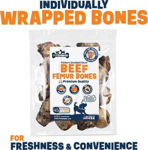 Single Ingredient Dog Bones, 8 Piece Pack - Made in USA Beef Femur Bones for Aggressive Chewers