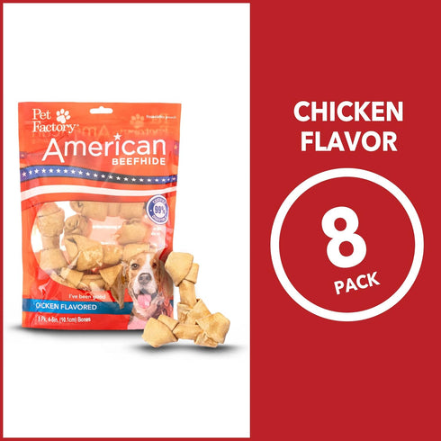 Pet Factory American Beefhide 4-5" Knotted Bones Dog Chew Treats - Chicken Flavor, 8 Count