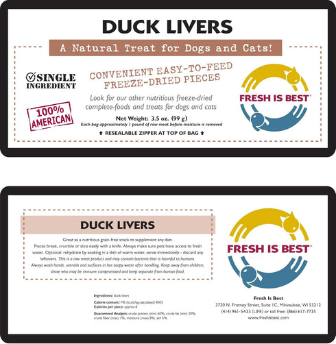 Fresh Is Best Freeze Dried Healthy Raw Meat Treats for Dogs & Cats, Duck Livers