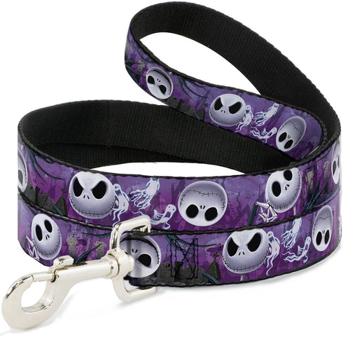 Buckle-Down Pet Leash - Jack Expressions/Ghosts in Cemetery, Purples/Grays/White, 6 Feet Long, 1" Wide