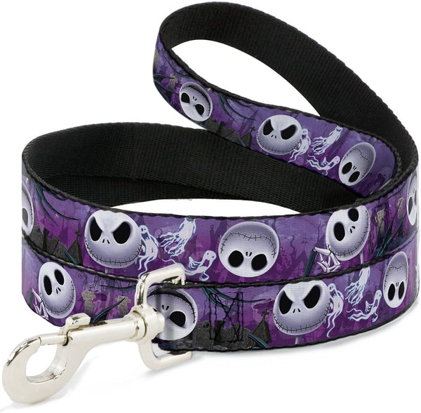 Buckle-Down Pet Leash - Jack Expressions/Ghosts in Cemetery, Purples/Grays/White, 6 Feet Long, 1" Wide