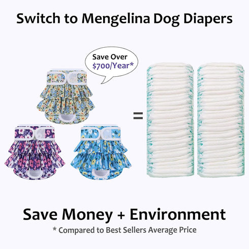 3 Pack Reusable Dog Diapers Female Doggie Diapers for Period Heat Incontinence Puppy Training (Large, PurpleFlower)