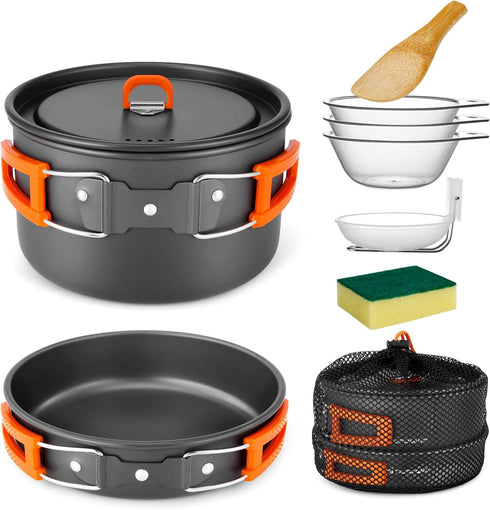 Odoland 9pcs Camping Cookware Set - Non-Stick Lightweight Pots and Pans with Plastic Bowls for Outdoor Cooking