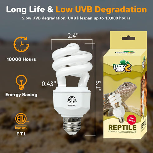 Lucky HERP UVA UVB Reptile Light 10.0, 15W Desert UVB 150 Compact Fluorescent Lamp for Reptiles