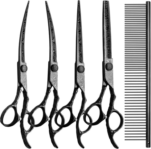 Dog Grooming Scissors,Black with Safety Round Tips,5 in 1 Curved Dog Scissors