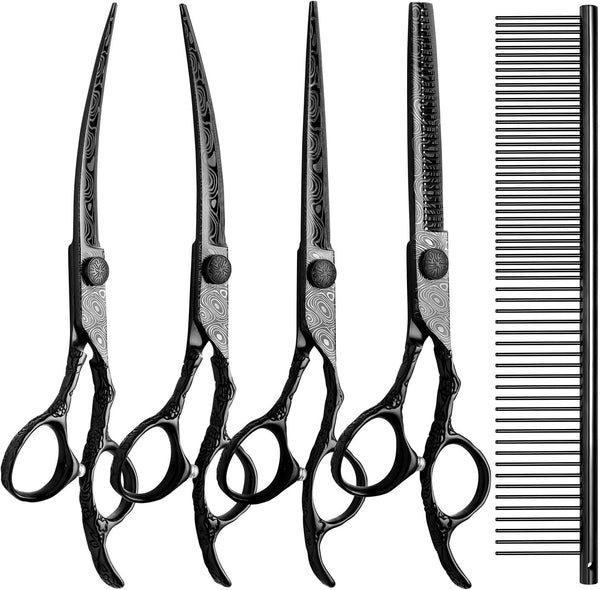 Dog Grooming Scissors,Black with Safety Round Tips,5 in 1 Curved Dog Scissors