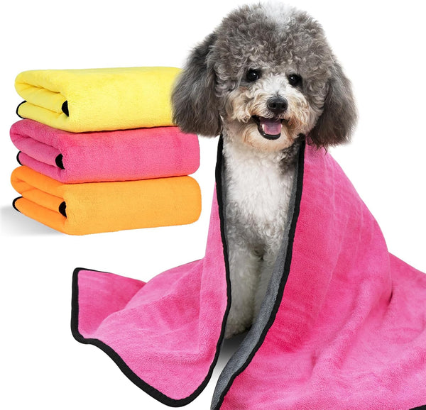 MICOOYO 3PCS Dog Towels for Drying, Super Absorbent Quick Drying Pet Grooming Towels for Puppy Cats (Yellow, Pink,