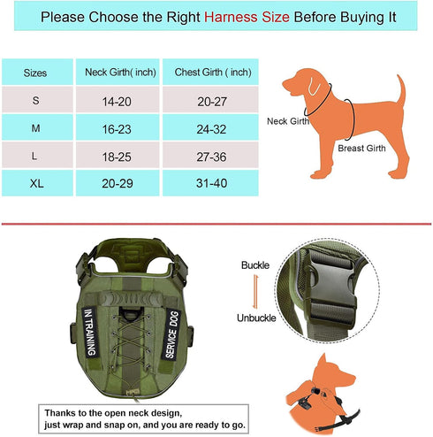 Petmolico Tactical Dog Harness with Leash, No Pull Military Service Dog Harness with Hook and Loop Panels, Army Green XL