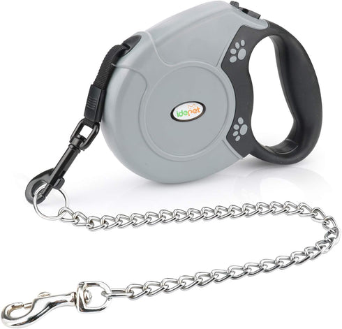Idepet Heavy Duty Retractable Dog Leash, 16ft, Anti-Chewing Steel Chain, 360 Degree Tangle-Free, Grey, Flat Rope