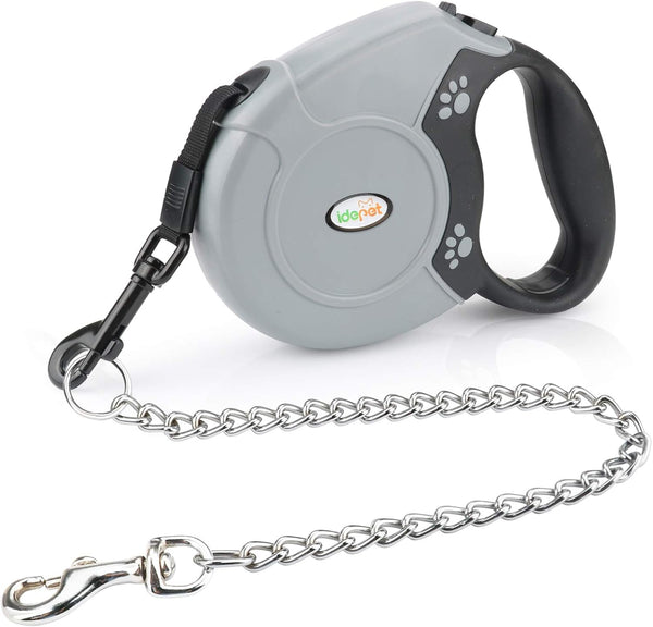 Idepet Heavy Duty Retractable Dog Leash, 16ft, Anti-Chewing Steel Chain, 360 Degree Tangle-Free, Grey, Flat Rope