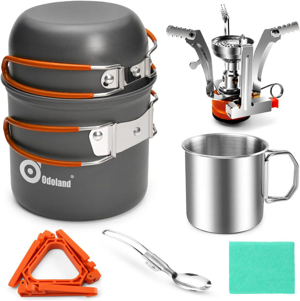 Odoland 8pcs Camping Cookware Mess Kit, Pot and Pan Set with Mini Backpacking Stove for Outdoor Cooking