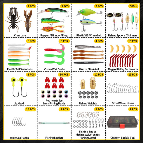 GOTOUR Fishing Lures Accessories Kit with Tackle Box, Fishing Hooks Minnow Crankbait Frog Popper Lure Worm Fishing