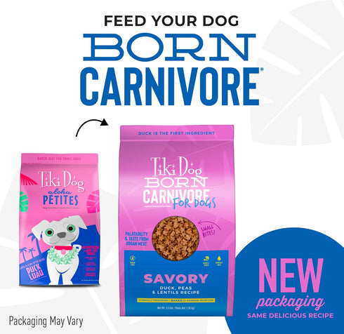 Tiki Dog Born Carnivore Savory Duck, Peas & Lentils Recipe, Grain Free Baked Kibble for Adult Dogs, 3.5 lbs