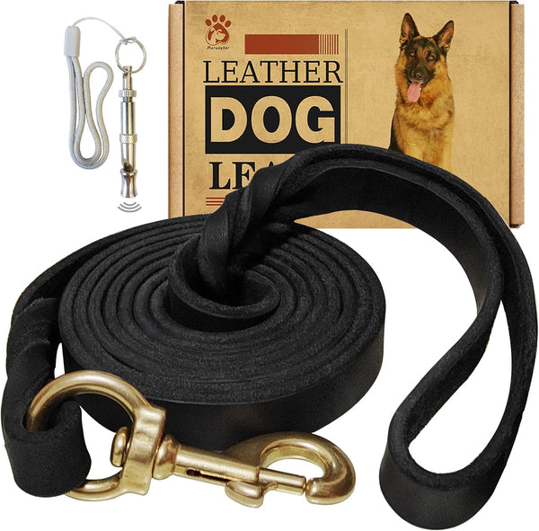 Leather Dog Leash 6ft x 5/8 inch, Heavy Duty Genuine Braided Leather Leash for Large, Medium, Small Dogs (Black)