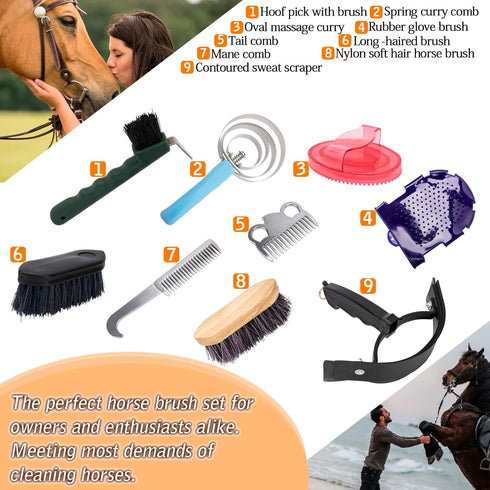 VECKYJL Set, 10Pcs Horse Grooming Kit, Horse Brush Horse Cleaning Kit with Brush, Sweat Scraper, Curry Comb, Hoof Pick