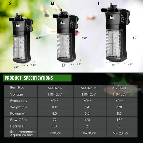 AQQA Aquarium Internal Filter - Submersible Power Filter with Adjustable Water Flow, Ultra Silent